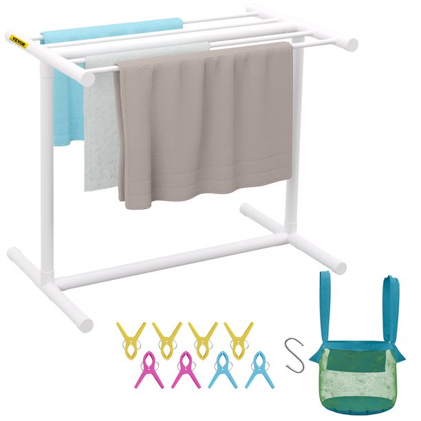 VEVOR Freestanding Towel Rack, 5 Bar, White, Pool Outdoor PVC Tshape