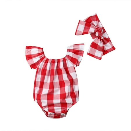 

allshope Baby Girl Red Plaid Romper Exquisite Ruffled Short Sleeve Design Bow Hairband Jumpsuit