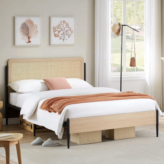 Bingirl Full Size Bohemian Rattan Bed Frame with Natural Rattan Headboard - Platform Bed with Under Bed Storage, No Box Spring Required, Easy Assembly (White Oak)