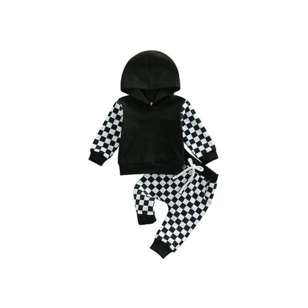 

aturustex 0M 6M 12M 18M 24M 3T Infant Baby Boy Girl Fall Winter Outfits Checkerboard Plaid Hoodie Sweatshirt Top Elastic Waist Pants 2Pcs Set