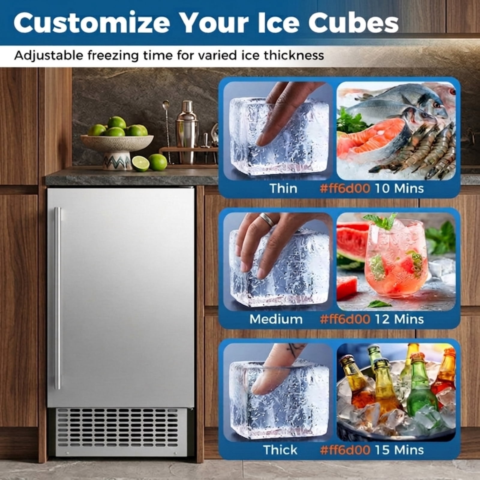 RUIE Under Counter Ice Maker Machine 90 lbs/Day, Built-In Freestanding Commercial Ice Machine with 25 lbs Storage, Stainless Steel for Home Kitchen Bar