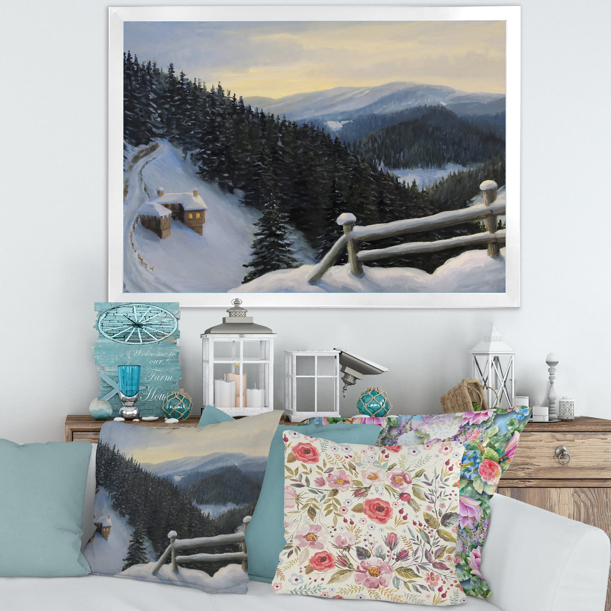Designart 'View On Snowy Mountain Tops At Evening Glow' Traditional Framed Art Print