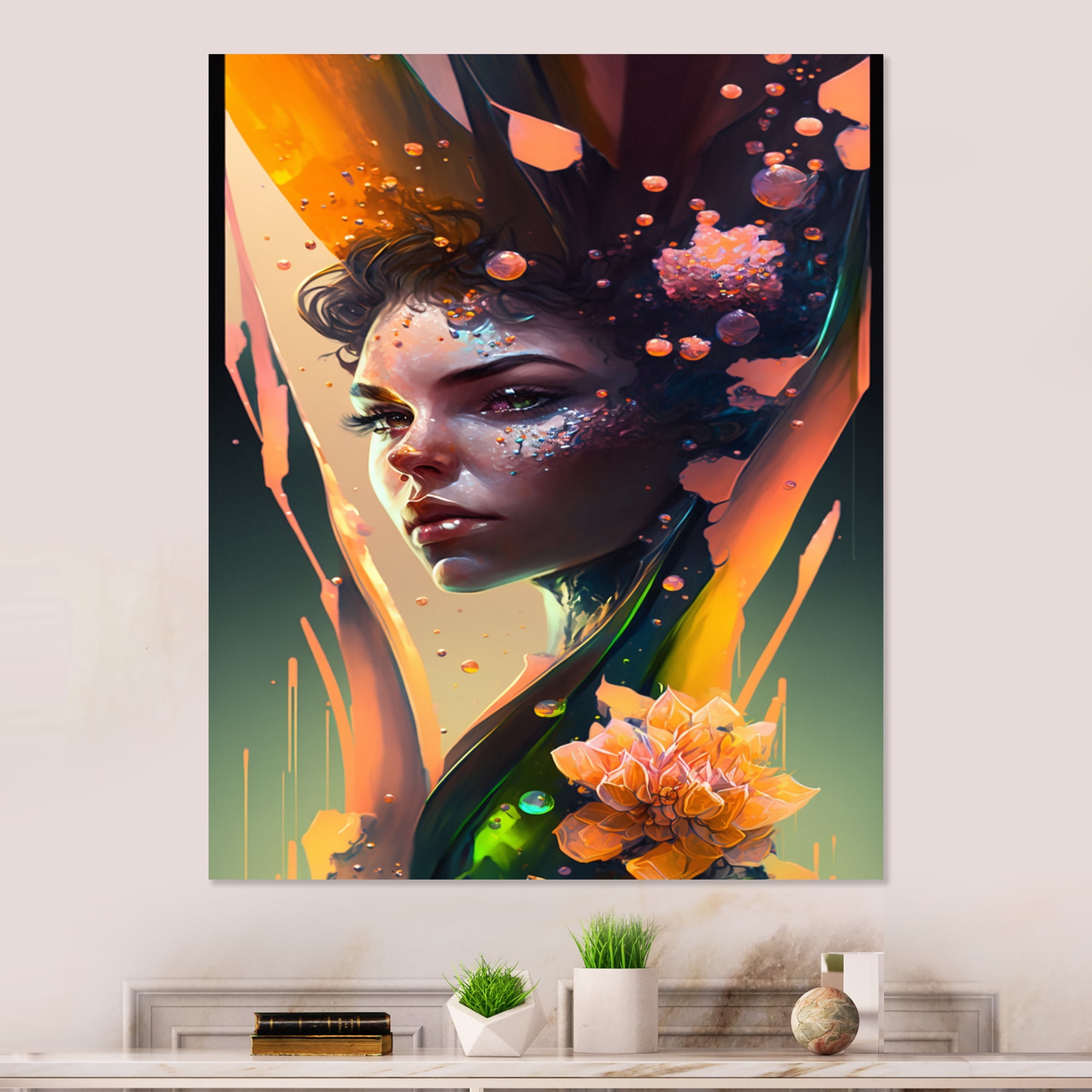 Designart Woman Portrait With Flowers III Canvas Wall Art