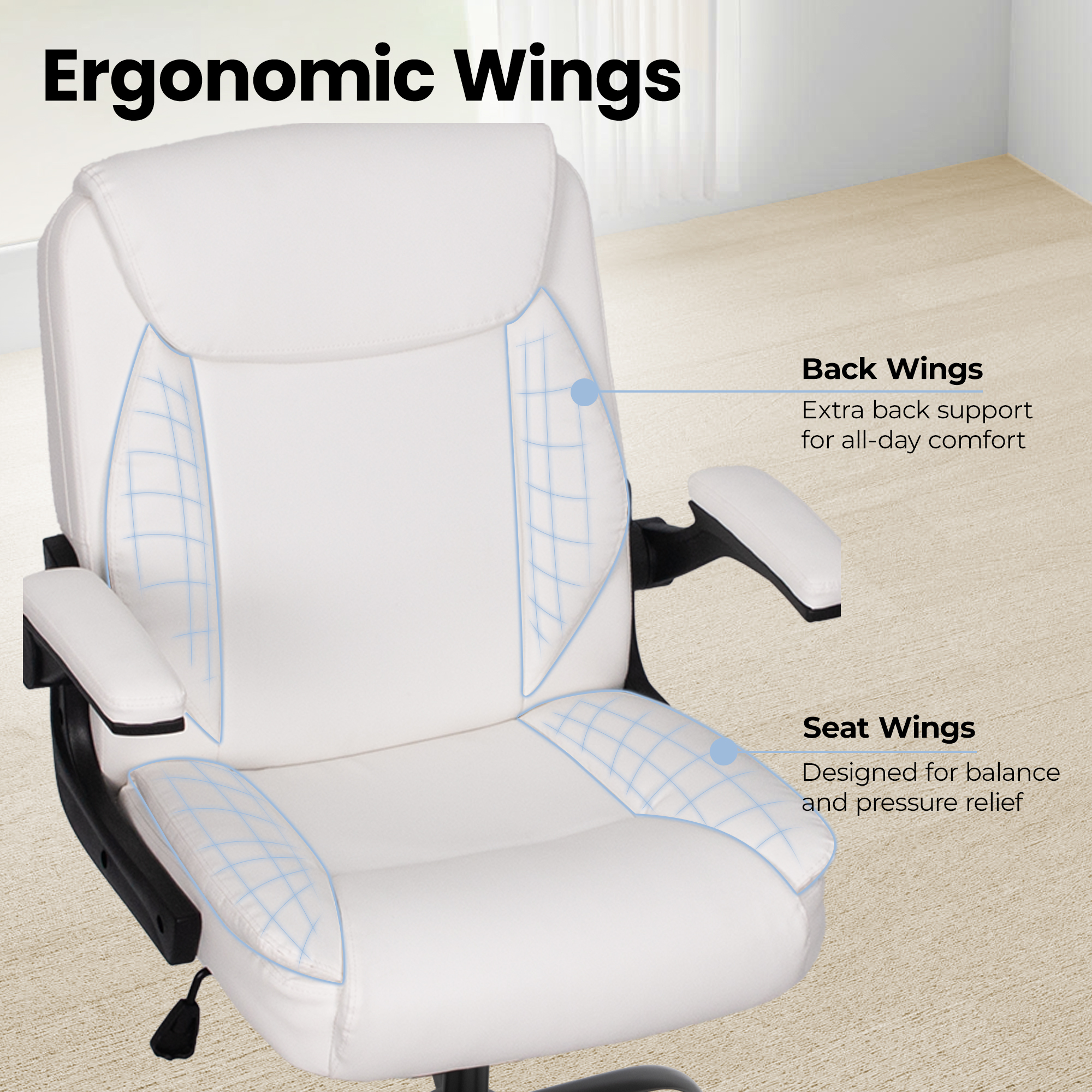 CELTOSS Leather Office Chair, Ergonomic White Executive Chair with Padded Flip-Up Armrests, Mid-Back PU Computer Desk Chair, White