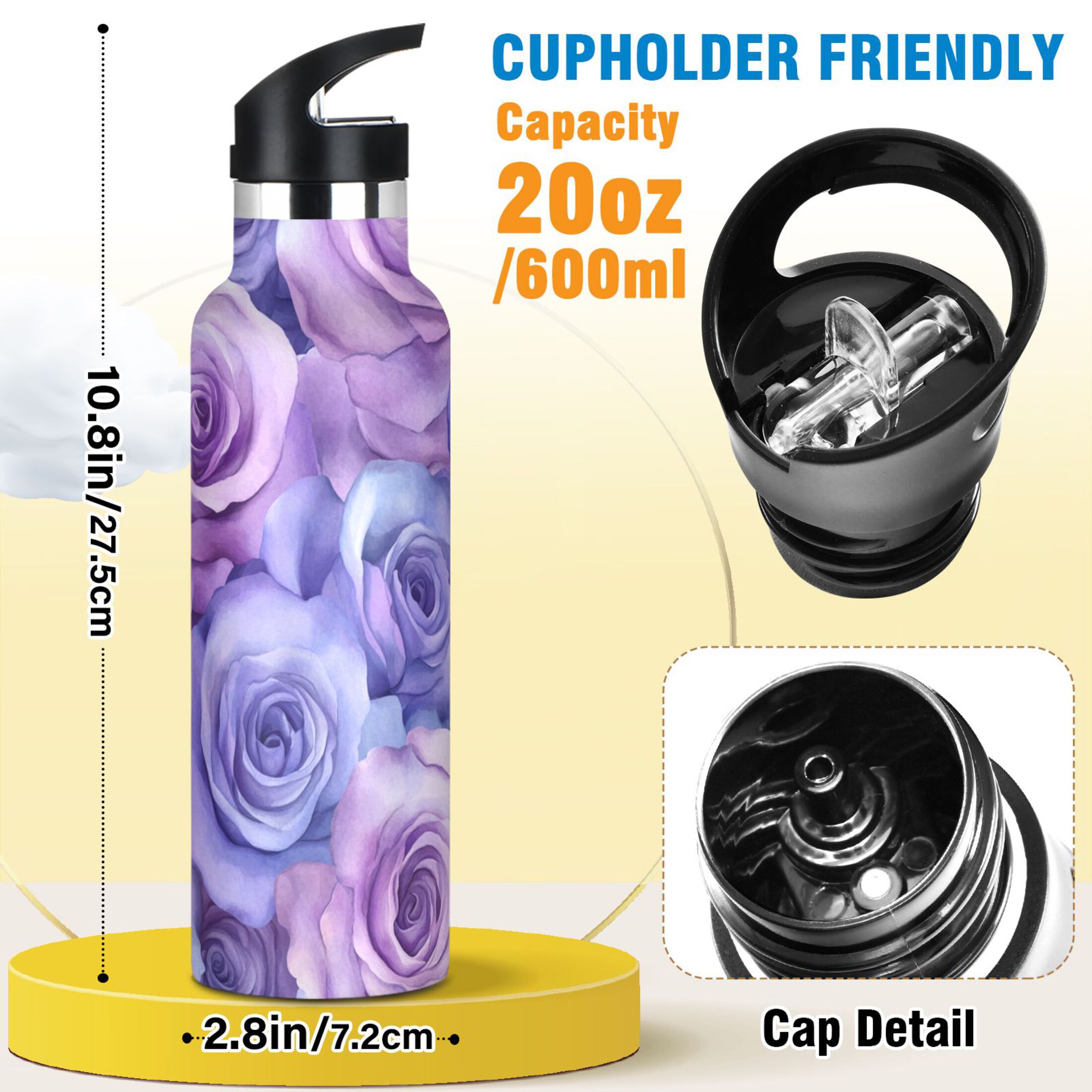 600ML Stainless Steel Insulated Cup Sports Water Bottle Portable Thermos Cup Water Glasses Insulated Tumblers Convenient and Durable Cartoon Purple Roses