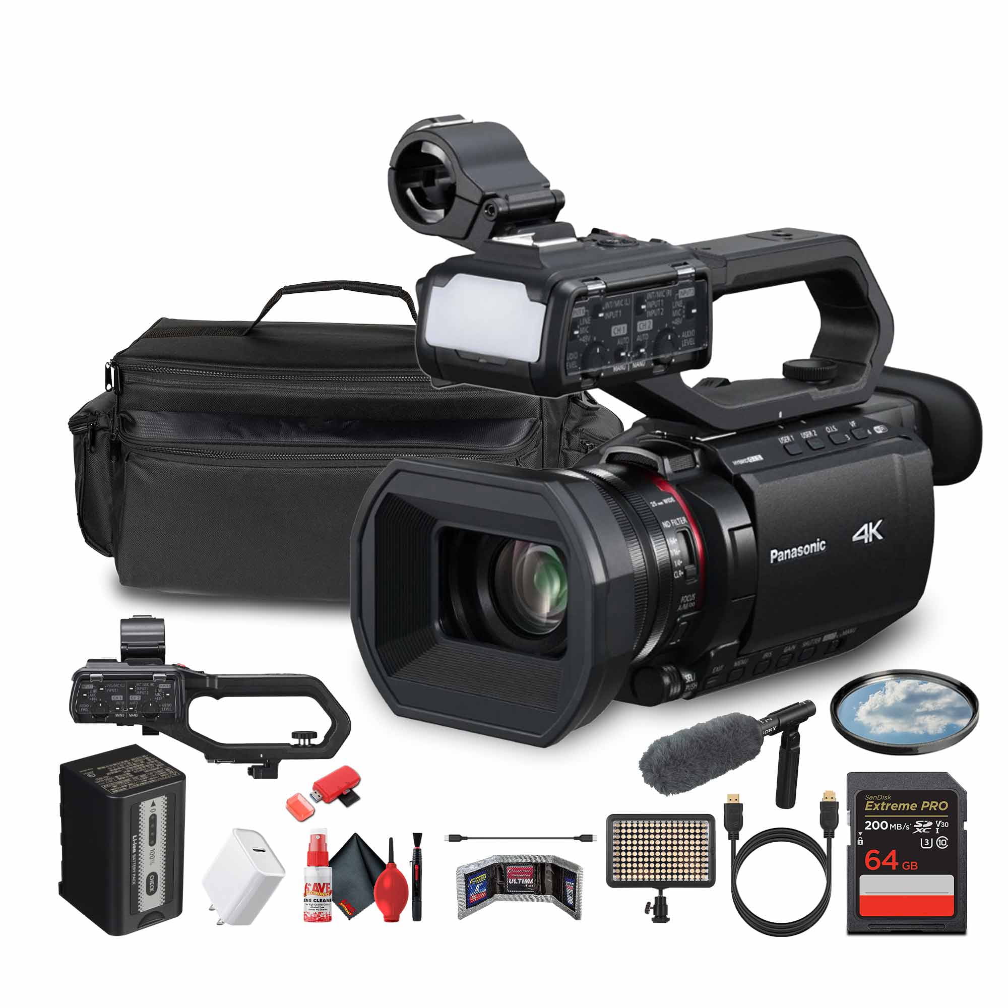 Panasonic HC-X2100 UHD 4K 3G-SDI/HDMI Pro Lightweight Camcorder with 24x Zoom (HC-X2100) + Pro Mic + Case + LED Light + 64GB Memory Card + USB-C Cable + Cleaning Kit + USB-C Adapter + More