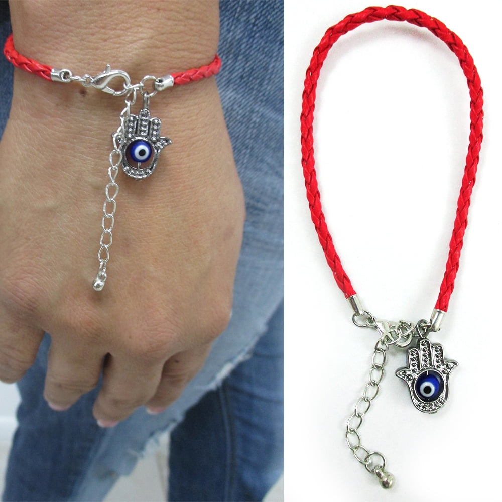 Kabbalah Evil Eye  Necklace Red String & Silver Hamsa Hand  For Good Luck 
