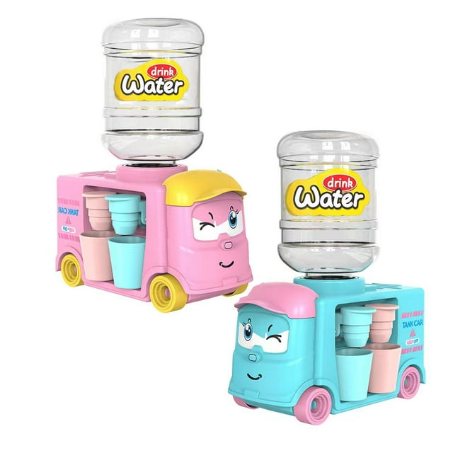 Mini ABS Water Dispenser Toy for Kids with Dual Spouts - Multi-Functional Design Holds Water/Juice/Milk, Cup Storage Compartment, Play Option, Compatible with 2.8cm Mouth Bottles, Pink/Blue