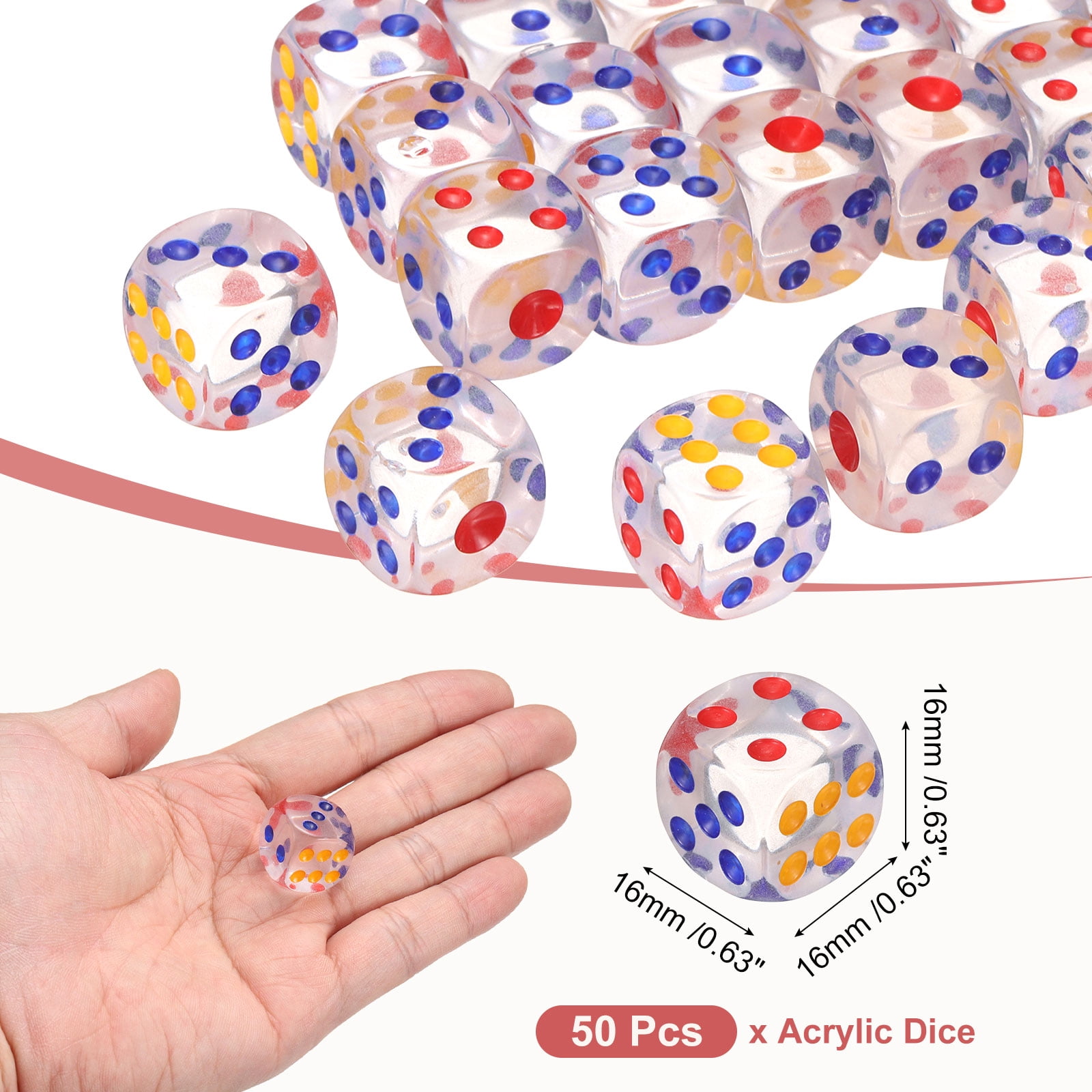 50Pack 6 Sided Acrylic Dice, 16mm/0.63" Rounded Corner Translucent Colored D6 Game Dice for Theme Party Fun Table Board Games, Clear