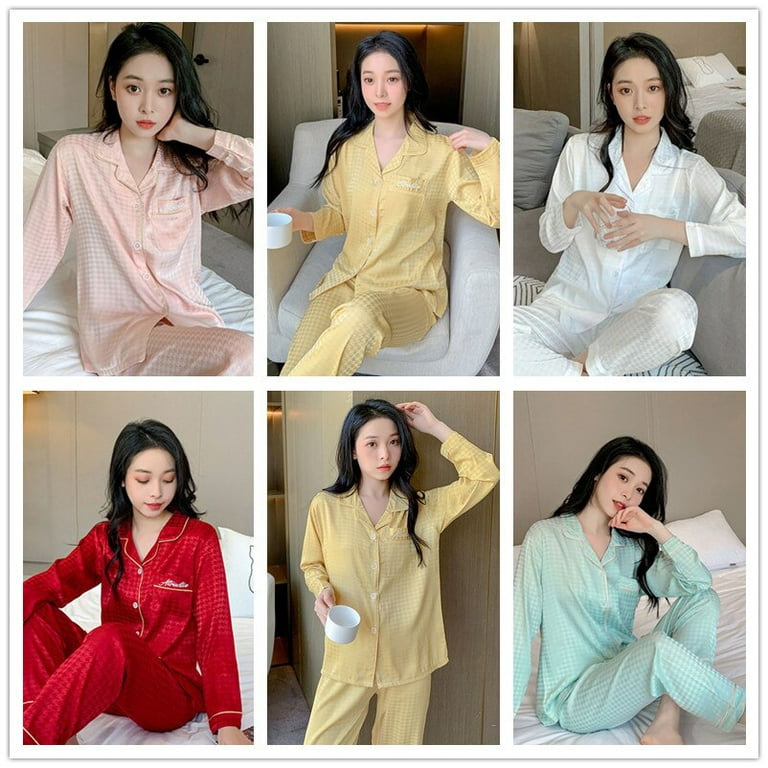 DanceeMangoo Womens Pajamas Set Spring Autumn Leisure Elastic Waist  Sleepwear Satin Womens Long Sleeve Nightwear Trousers Homewear Clothes 