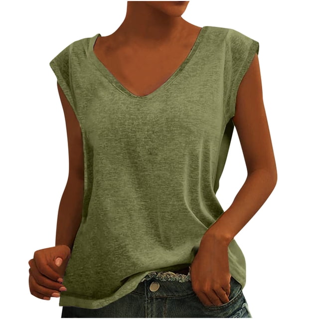 Pompotops Womens Solid Color Cap Sleeve Blouses T-Shirt Casual Loose Fit Basic Shirts Tank Tops