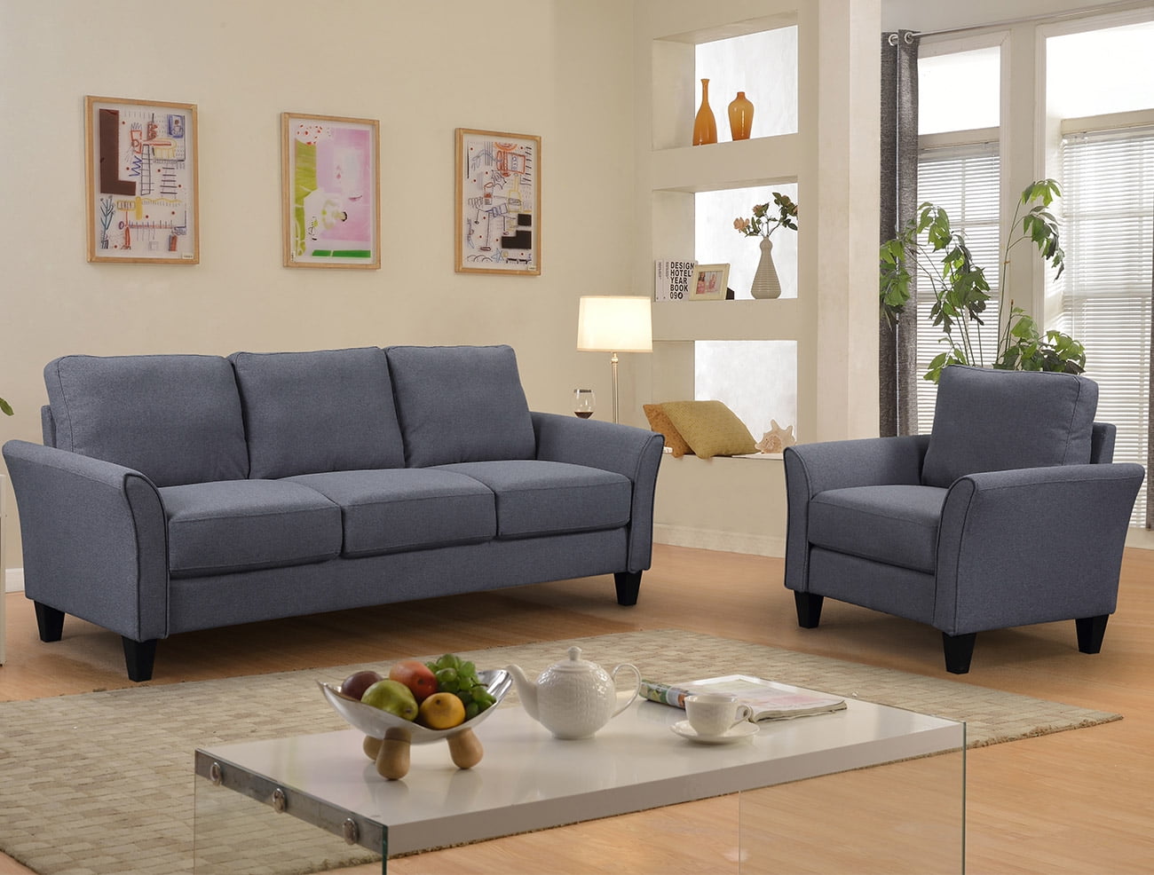 2Pcs Living Room Upholstered Sofa Set, Single Sofa and 3-Seat Sofa Set, Gray