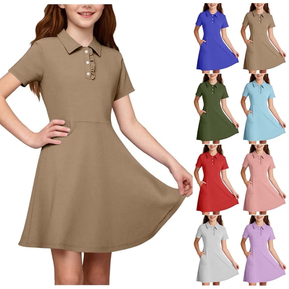 XRoczxe Girls Short Sleeve Polo Collar Swing Dress Ruffled Button Front Casual School Uniform Dress with Side Pockets Multiple Solid Colors Khaki
