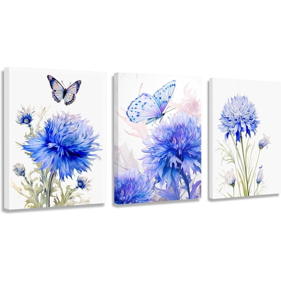 Flower Canvas Wall Art-Colorful Floral Picture for Bedroom- Watercolor Blue and Purple Wildflower Canvas Décor, Nature Scenery with Butterfly Print Room Décor,12"x16"