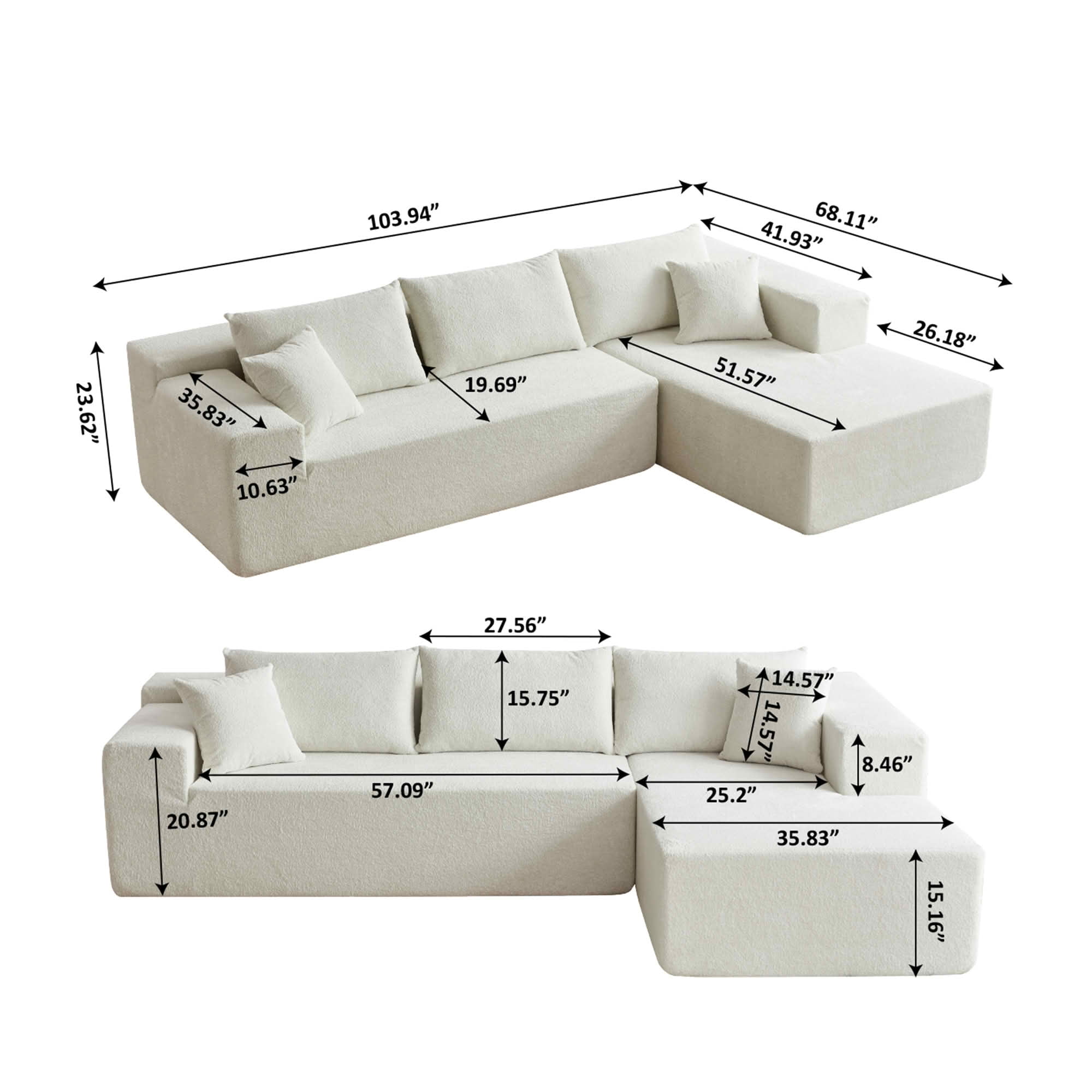 MAYEERTY 104" Cloud Sectional Couch with L-Shape Chaise, Modern Modular Sofa with Deep Seat, Upholstered Couches with Back Cushion for Living Room Bedroom, No Assembly Required