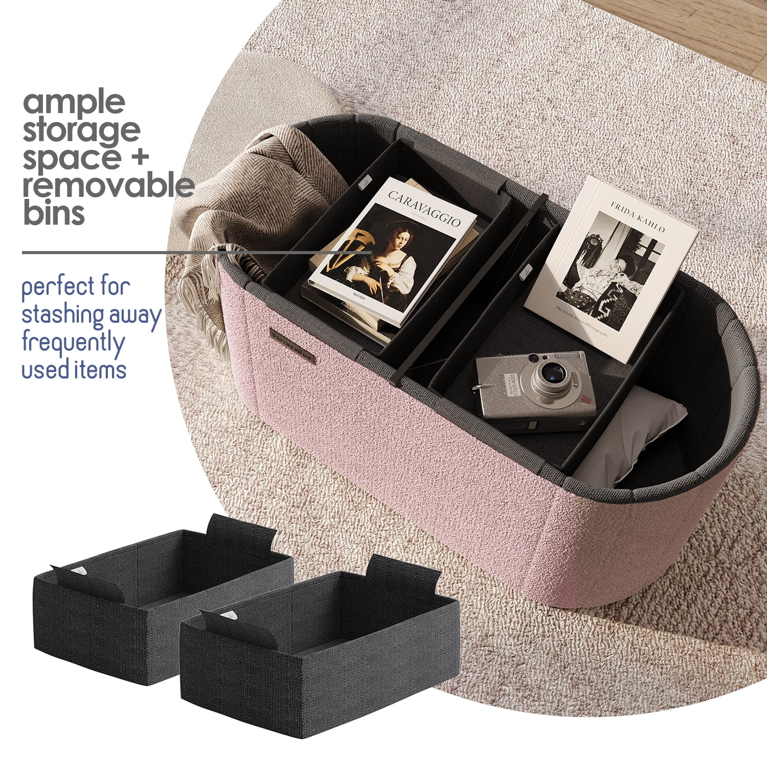Hearth & Harbor Oval Storage Ottoman Bench, Boucle 30" Ottoman with Storage , Pink