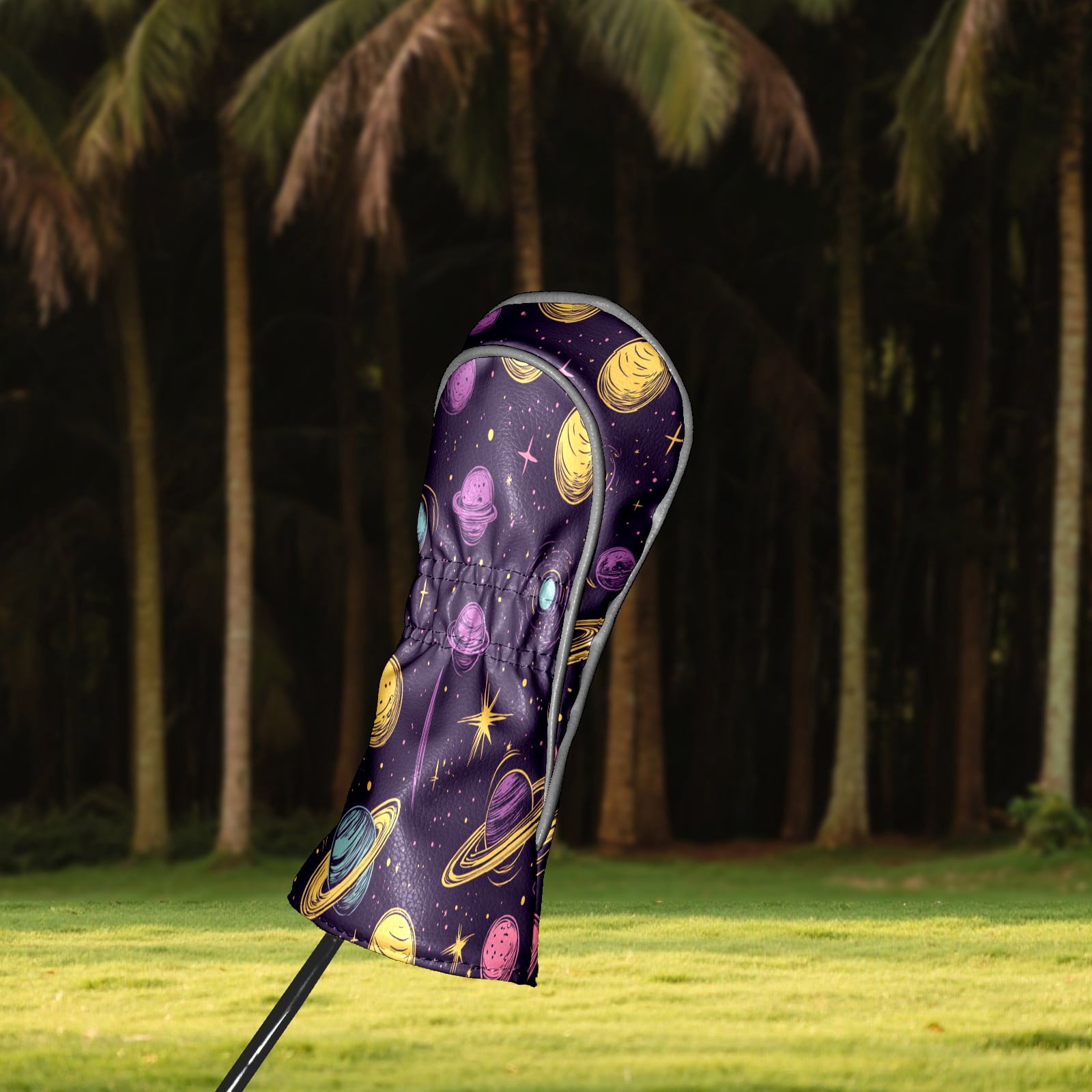 Golf Club Covers PU Leather Waterproof Head Covers for Fairway Woods Hybrids Cartoon Planet Pattern