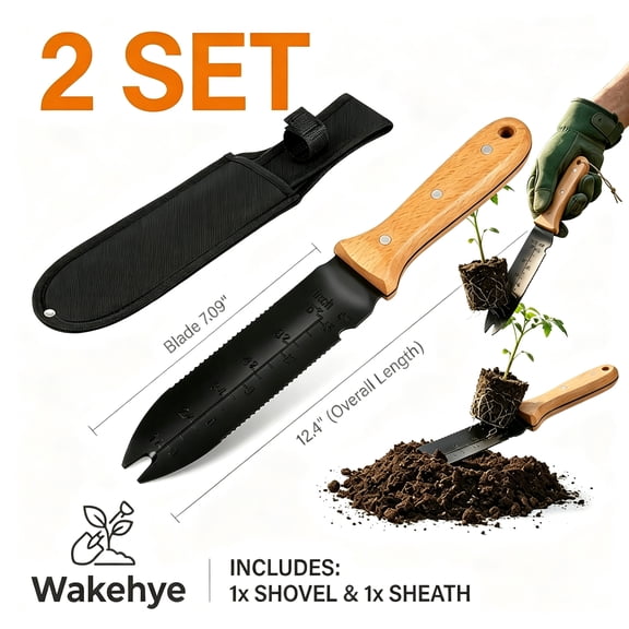 Hori Hori Garden Knife 7 inch Blade Stainless Steel Beechwood Handle with Sheath for Planting Weeding Digging and Cultivating with Hanging Hole