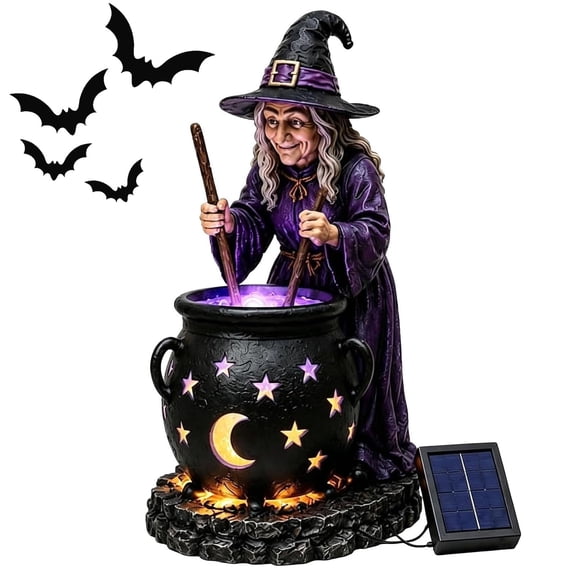 Solar Witch Cauldron Garden Stake Light, Dual LED Glow Weatherproof Resin Halloween Outdoor Lawn Decor