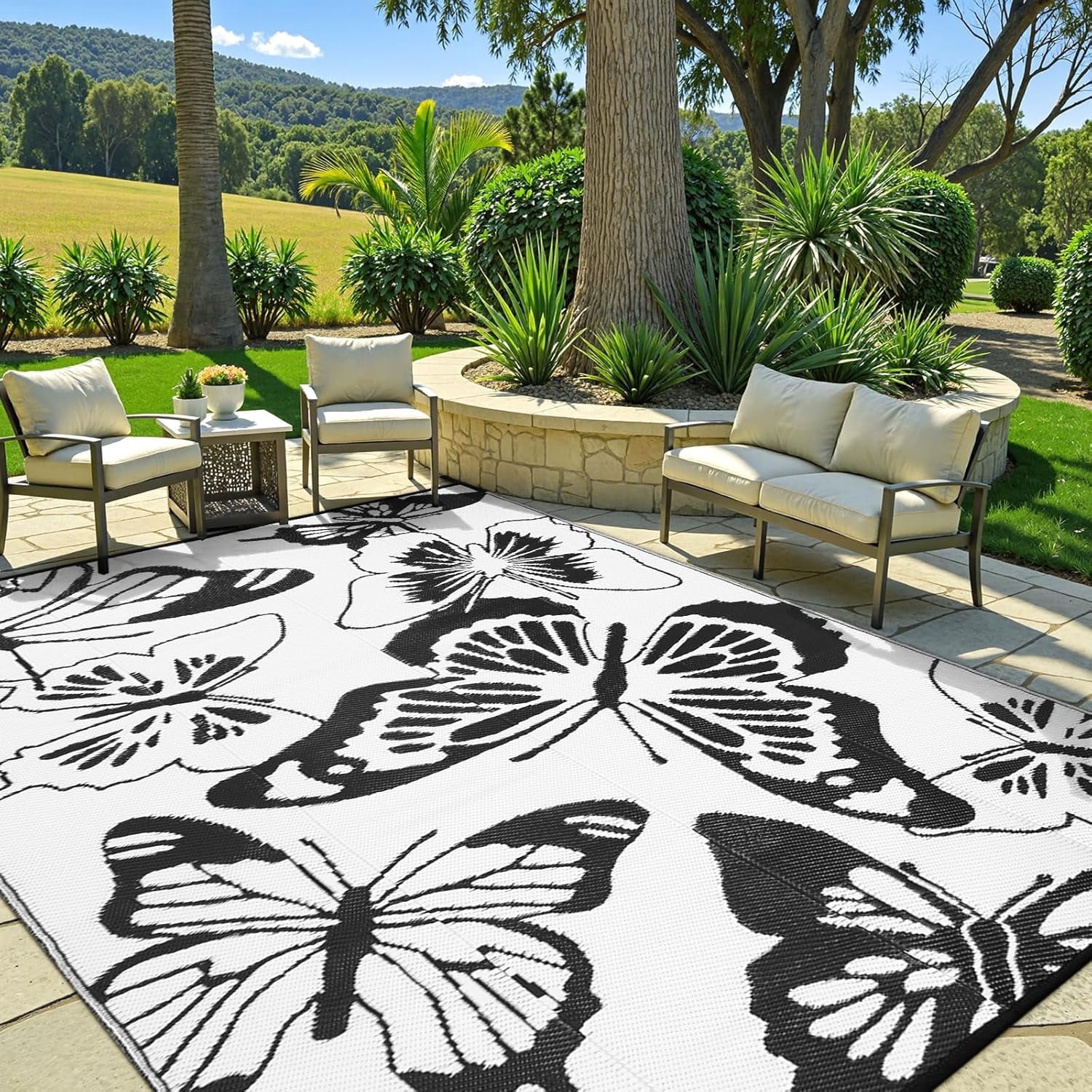 Wonnitar 8x10 Butterfly Outdoor Rug Waterproof, Large Washable Rugs for Outside, Plastic Foldable Black&White Indoor Outdoor Carpet for Patio Balcony