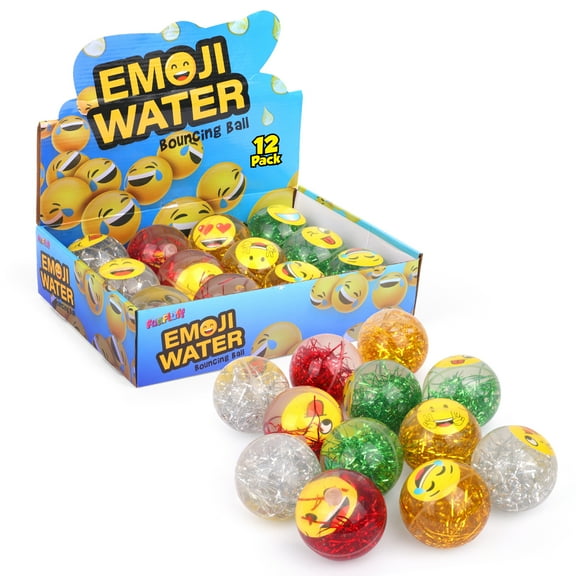 Emoji Water Filled Bouncy Balls - Rubber Balls for Kids Glitter Filled - 12 Pack Large High Bouncing Ball, Bounce Balls, Party Favors Balls