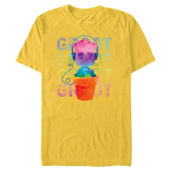 Marvel Groot Headphones & Flowerpot Rainbow Colors - Short Sleeve Blended T-Shirt for Adults - Customized-Yellow