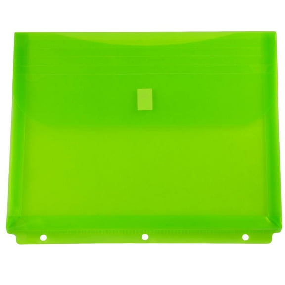 JAM Paper Plastic 3 Hole Punch Binder Envelopes, Hook & Loop Closure, Letter Booklet, 9 1/2 x 11 1/2, 1 in Expansion, Lime Green, 3/Pack