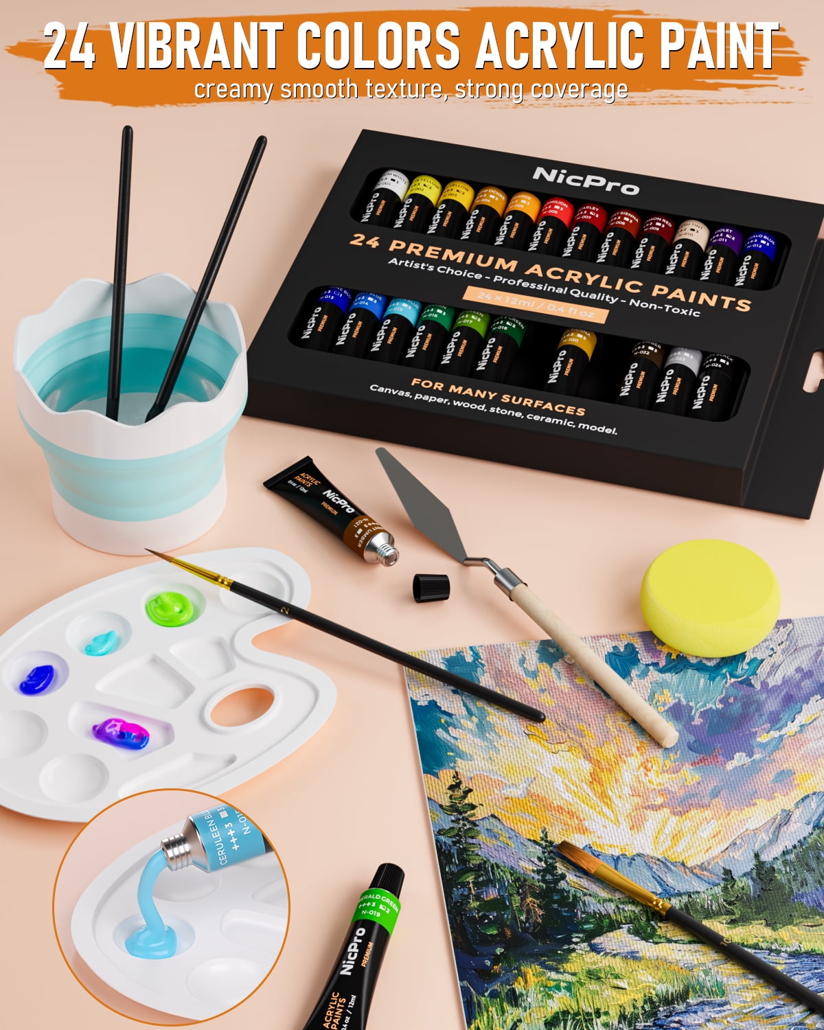 Nicpro 68PCS Acrylic Paint Canvas Set, Art Painting Supplies Kit with 24 Paints, Table Easel, 8 Canvas Panels, 12 Brushes, Paper Pad, Cleaning Cup, Sponge, Palette