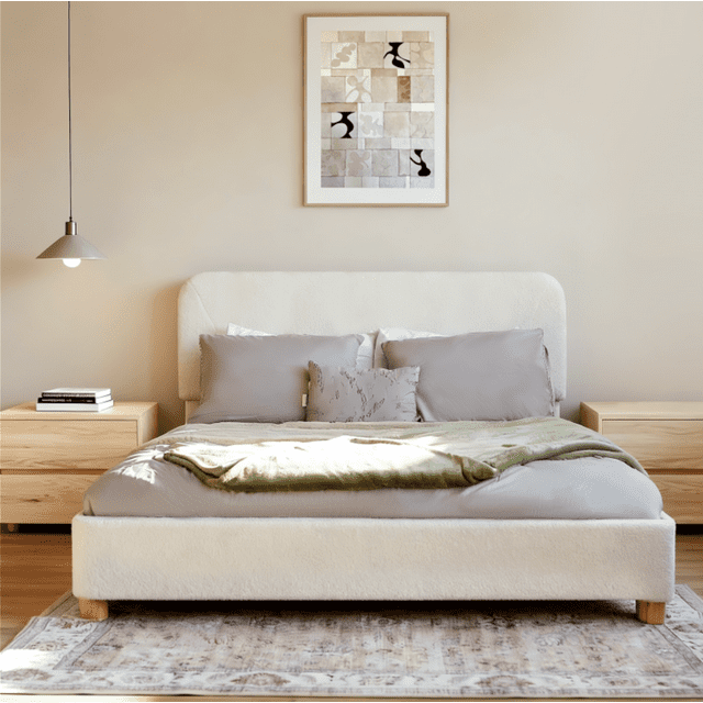 Queen Size Boucle Upholstered Bed Frame, Modern Platform Bed with Adjustable Headboard, Solid Wood Legs, Rounded Corners & Easy Assembly, Cream