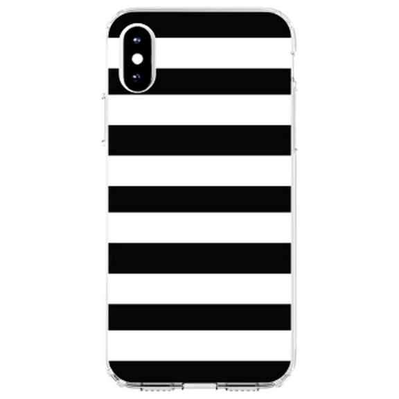 DistinctInk Clear Shockproof Hybrid Case for iPhone XS Max (6.5" Screen) - TPU Bumper, Acrylic Back, Tempered Glass Screen Protector - Black & White Bold Horizontal Stripes