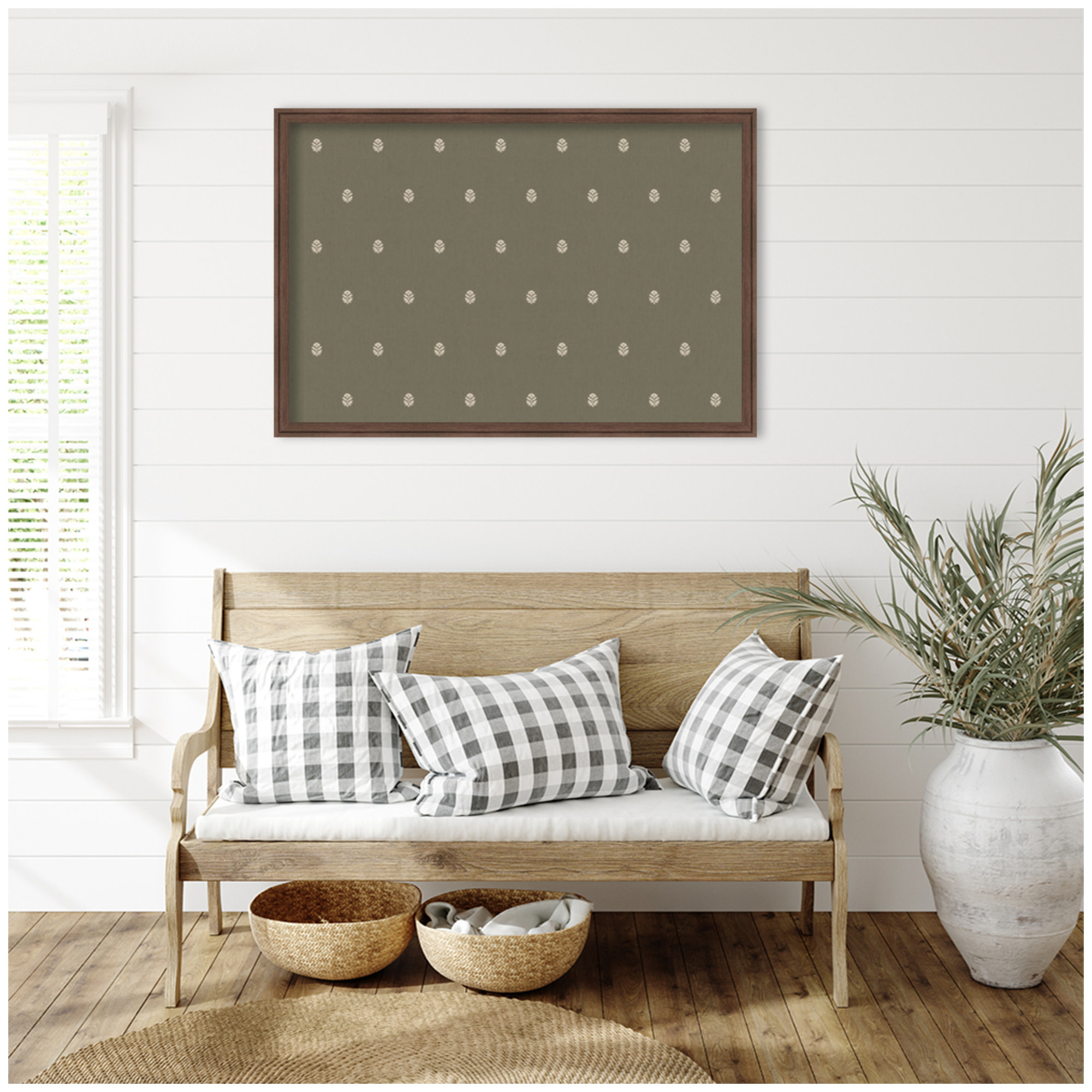 Kate and Laurel Framed Fabric Pinboard 38 x 26, Green Botanical Block Print Printed Linen Classic Bulletin Board for Use as a Vision Board or Wall Organization, Florence Medium Brown Frame