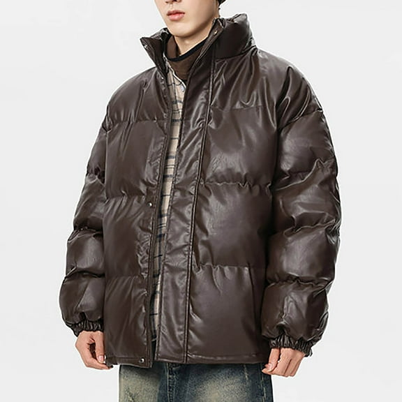Men's Quilted Jacket Faux Leather Bomber Style Zip Up Stand Collar Coat Waterproof Windbreaker for Fall Winter Urban Streetwear,Coffee,M