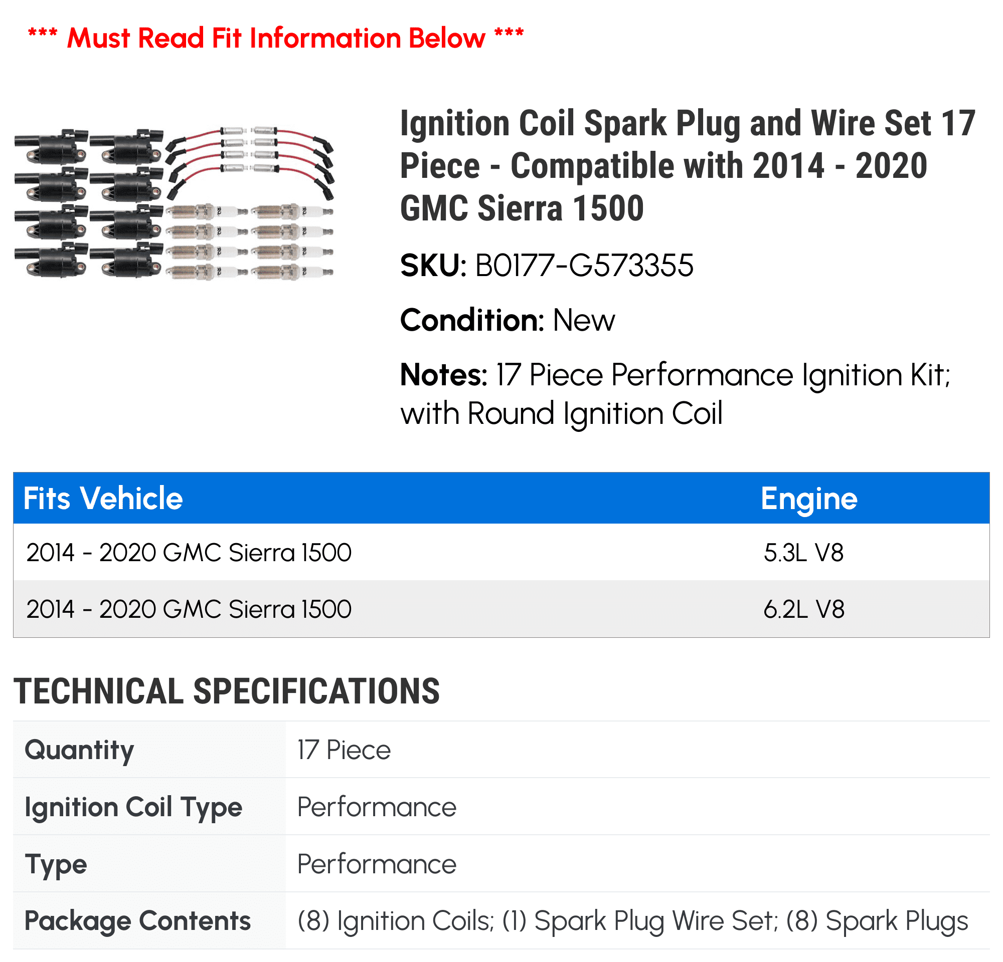 Ignition Coil Spark Plug and Wire Set 17 Piece - Compatible with 2014 - 2020 GMC Sierra 1500 2015 2016 2017 2018 2019