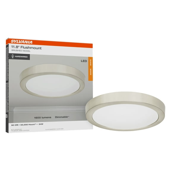 SYLVANIA 12" Flush Mount LED Fixture, 24W, 90 CRI, 1600 Lms, Hardwired, 3000K, Brushed Nickel - 1 PK