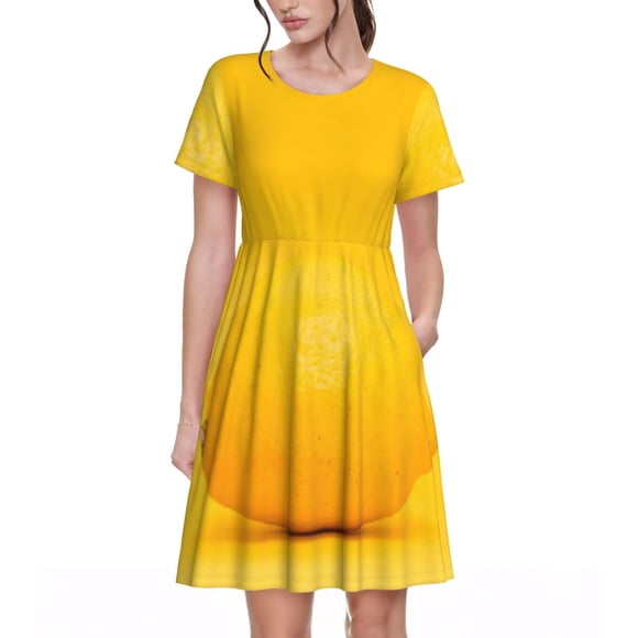 Bixox Women's Short Sleeve Summer Dress Loose Swing Knee Length Dresses with Pockets-Yellow Lemon