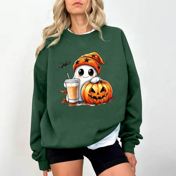 Spooky Season Sweatshirts Halloween Women 2025 Cute Ghost Pumpkin Pullover Tops Long Sleeve Crewneck Sweatshirt Embroidered Graphic Loose Funny Shirts Fall Winter Family Festival OutfitsXdegoge