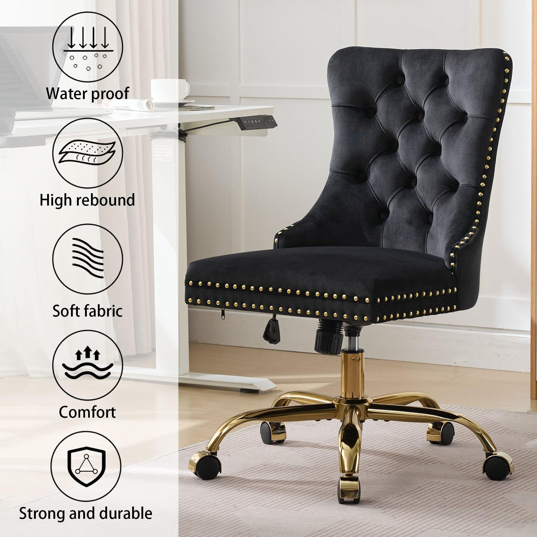 Pawverly Velvet Upholstered Office Chair, Tufted Button Swivel Desk Chair with Adjustable Height, Gold Metal Base & Wheels, Modern Vanity Chair, Black