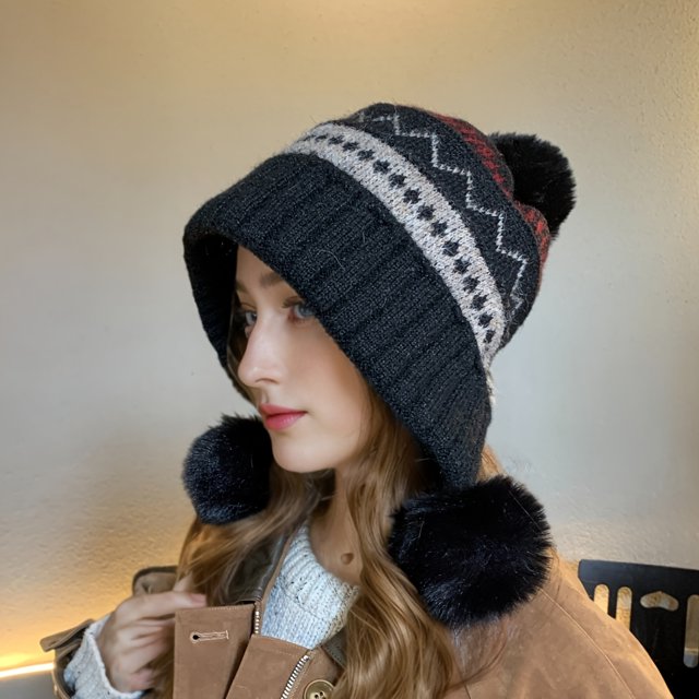 Women's Winter Warm Fleece-Lined Beanie Hat with Ears in Color Block Design