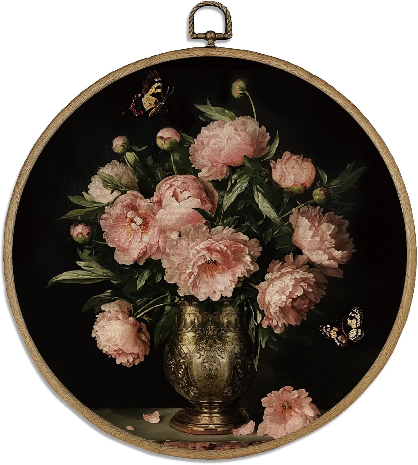 1pc Vintage Peony Round Wall Art Decor 10" Framed Canvas Wall Art Wall Medieval Decor with Vintage Hooks Hanging Artwork Prints for Wall Room Door Bedroom Living Room Porch Colorful