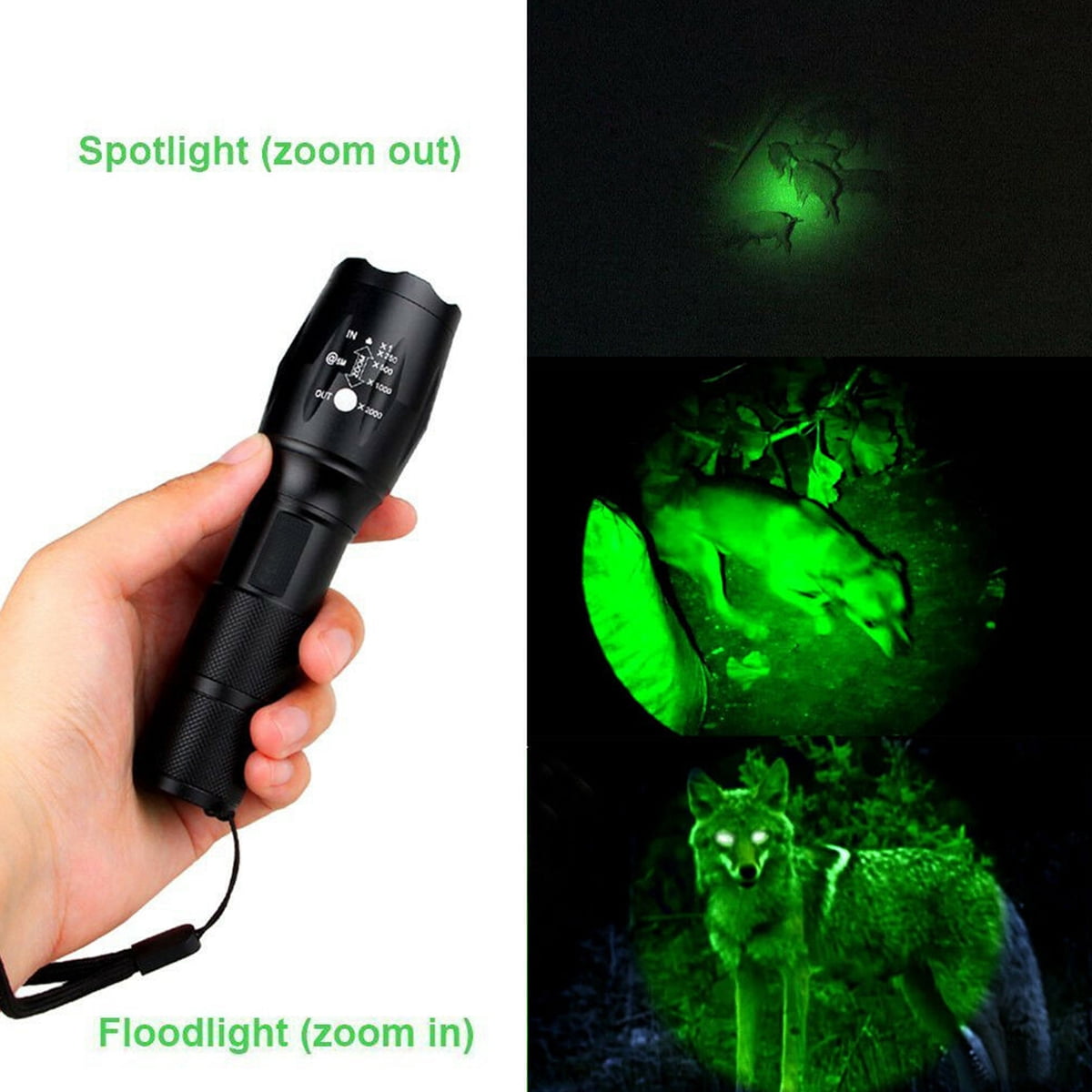 Details about   Tactical Green LED T50/C8 Zoom Flashlight Varmint Predator Hunting Light Torch 