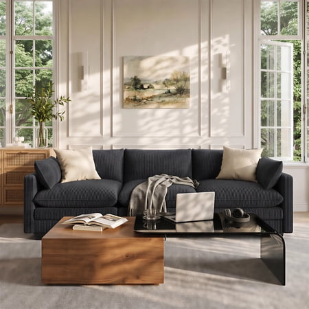 110" Corduroy 3 Seater Sofa, Asofer Cloud Couch with Extra Deep Seats, Upholstered Couch for Small Space, Living Room Furniture, 2 Pillows, Dark gray