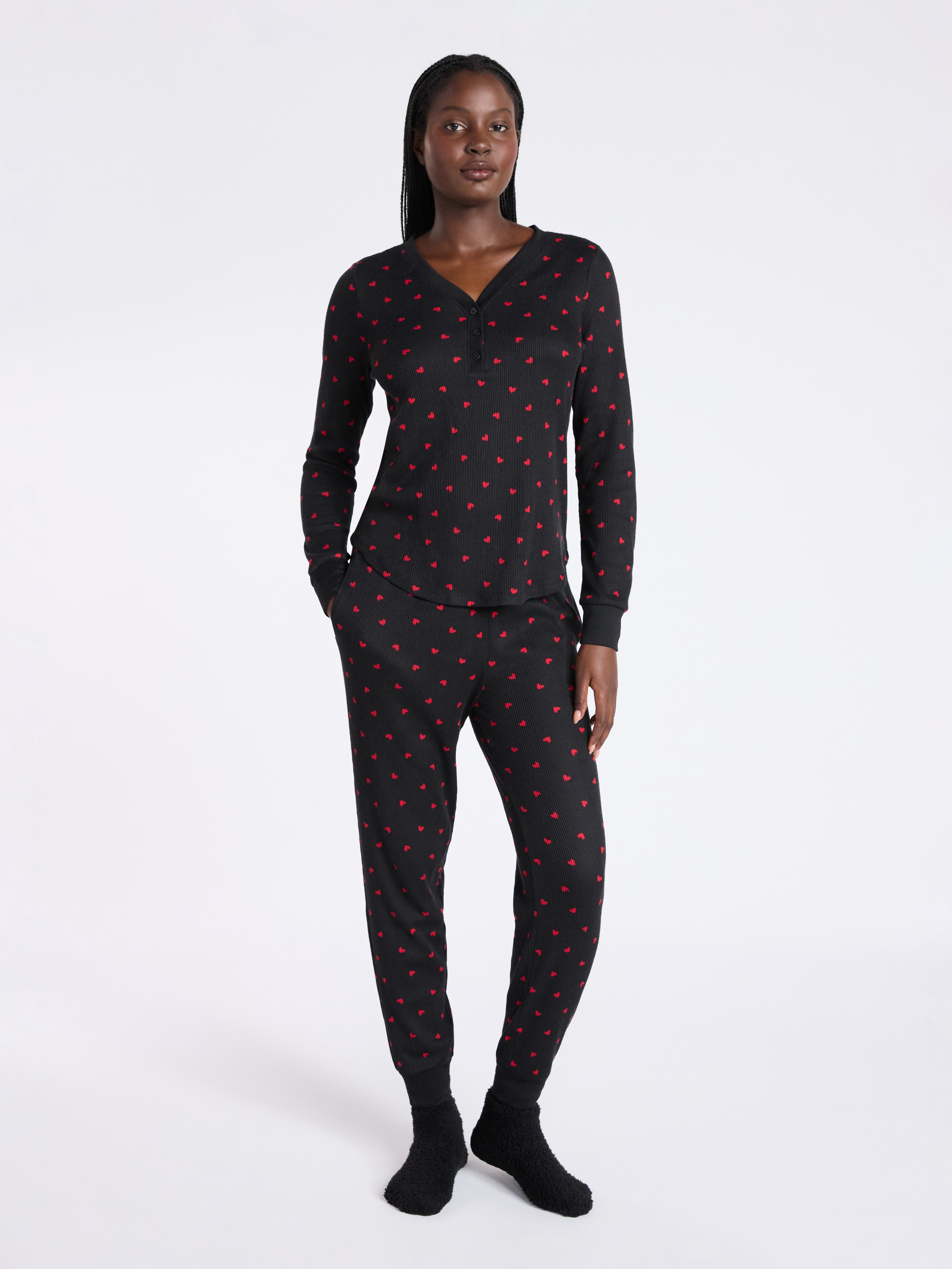 Joyspun Women's Waffle Knit Henley Sleep Top, Joggers and Socks Pajama Set, 3-Piece, Sizes XS-3X