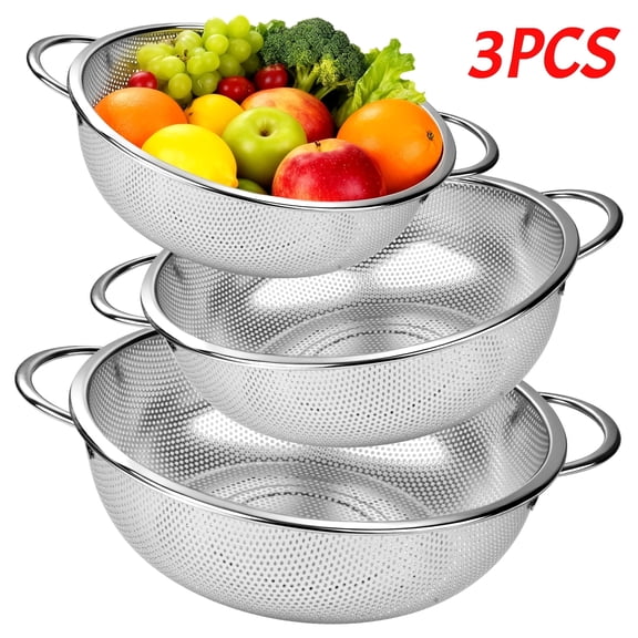 Stainless Steel Colander Set of 3, Micro-Perforated Kitchen Strainers with Handles, 1/3/5 Quart for Pasta Vegetables Fruits, Draining Rinsing Washing, Dishwasher Safe, Mother’s Day Gift