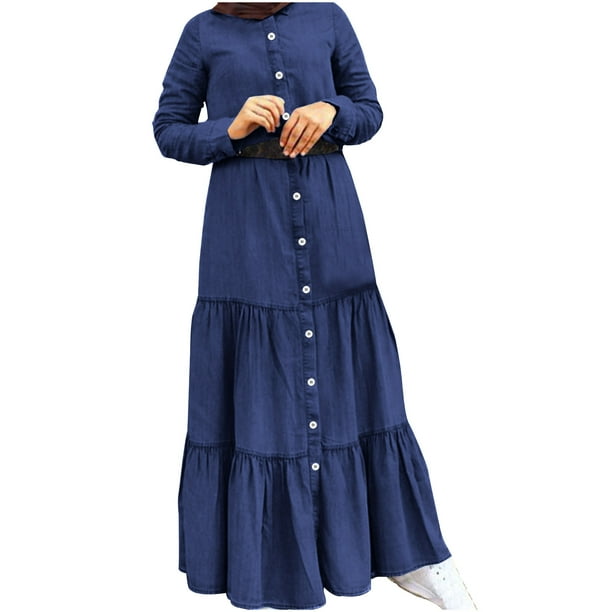 Yuyuzo Women Denim Plus Size Maxi Dress Long Sleeve Button down V Neck  A-Line Shirt Tall Dress Solid Color