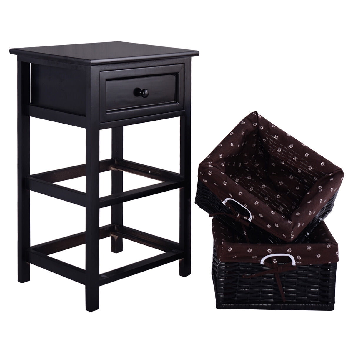 Costway Black Night Stand 3 Tiers 1 Drawer Bedside End Table Organizer Wood W 2 Baskets