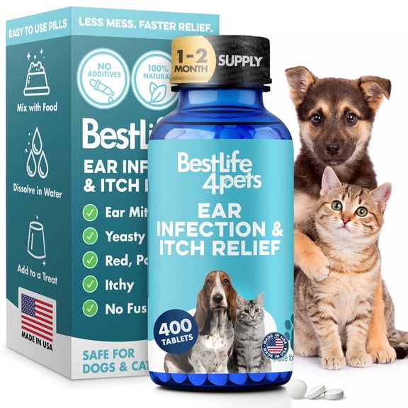 BestLife4Pets Ear Infection Relief for Dogs and Cats - Treatment for Itching, Swelling, Otitis, Pain & Inflammation - Easy-to-Use Natural Pills