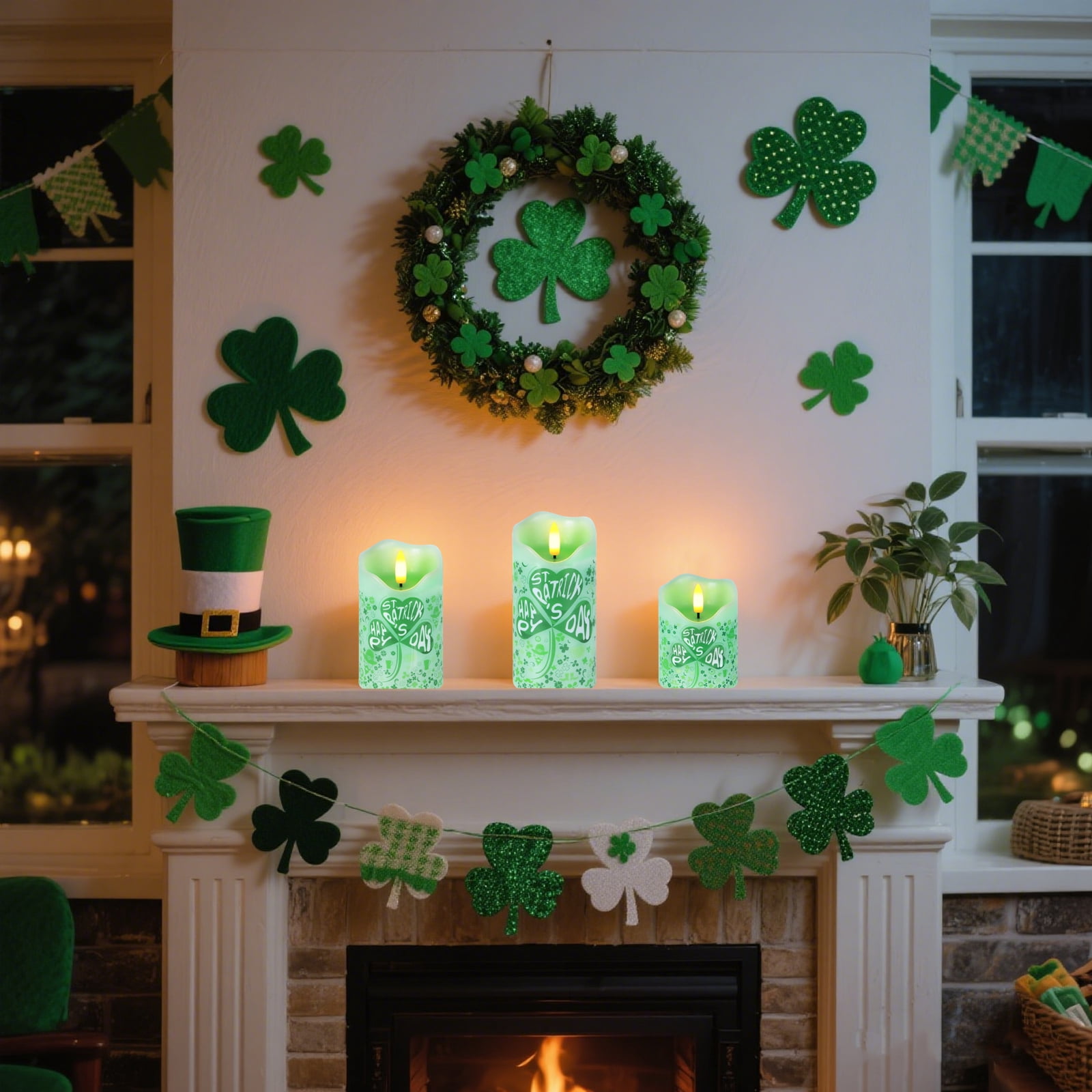 St. Patrick's Day Flameless Candles, Set of 3 Flickering Shamrock LED Candles with Remote & Timer, Dimmable Electric Pillar Candles Battery Operated, Green Candles for Home St. Patrick's Day Decor