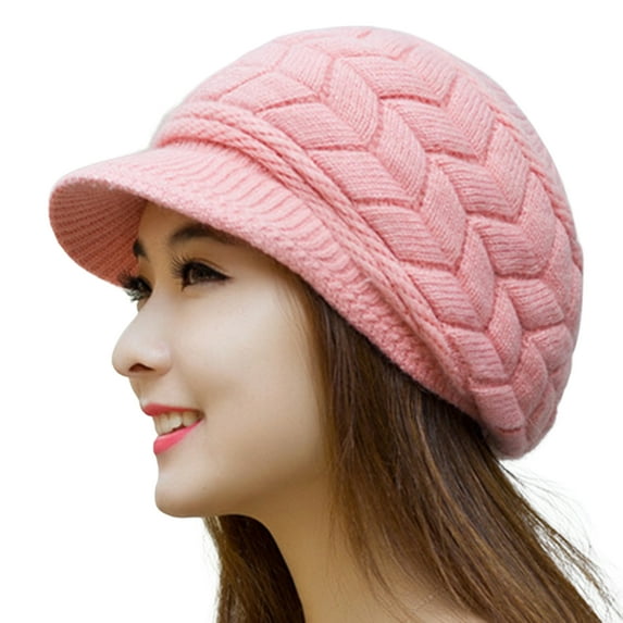 UDIYO Visor Beret Cap Peaked Slouchy Plush Lining Stretchy Plain Ears Protection Solid Color Autumn Winter Women Knitted Hat for Outdoor