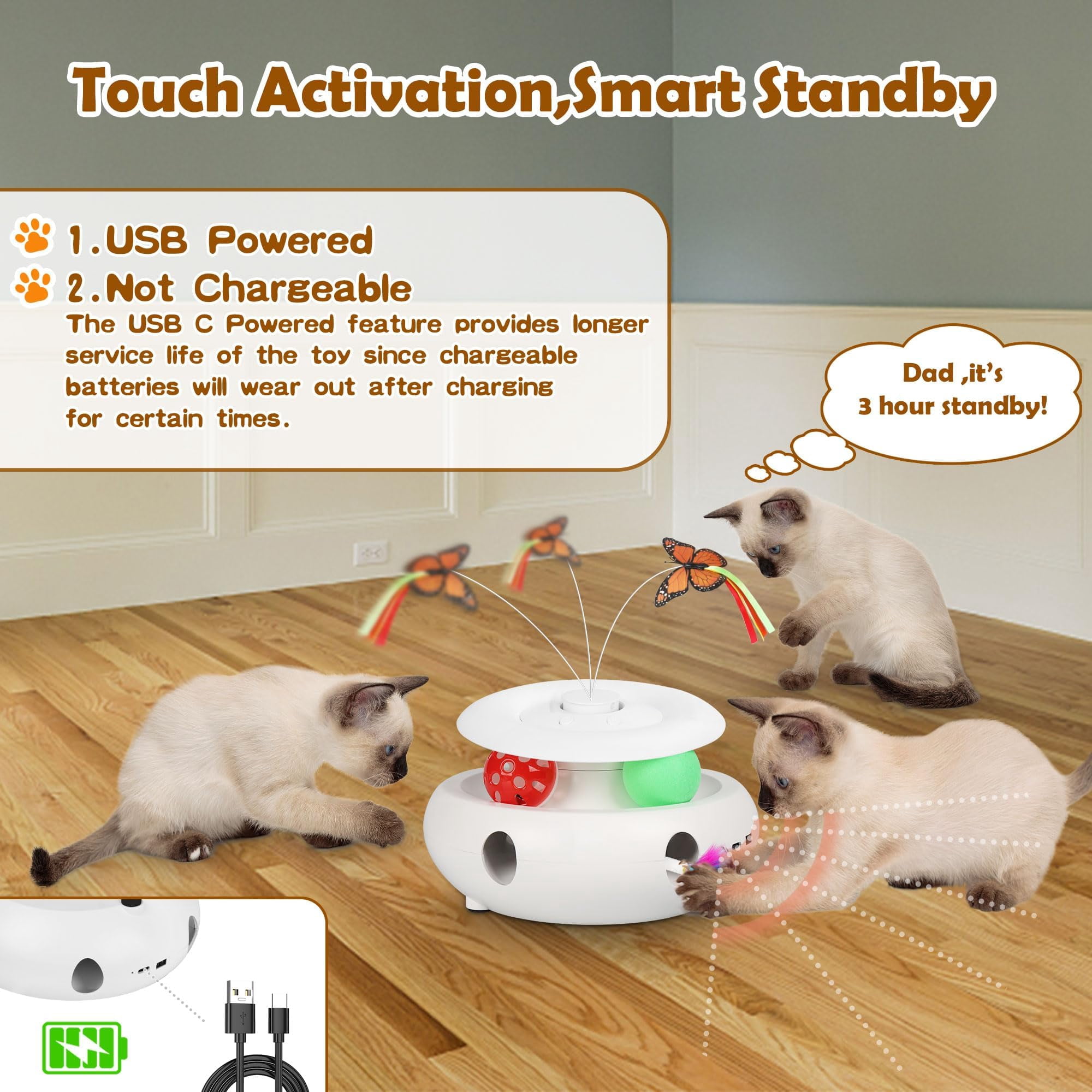 Cat Toys  3-in-1 Interactive For Indoor Cats Rechargeable Automatic Kitten With Fluttering Butterfly Moving Smart Sensor 6 Holes Whack-a-mole & Track Balls (white)