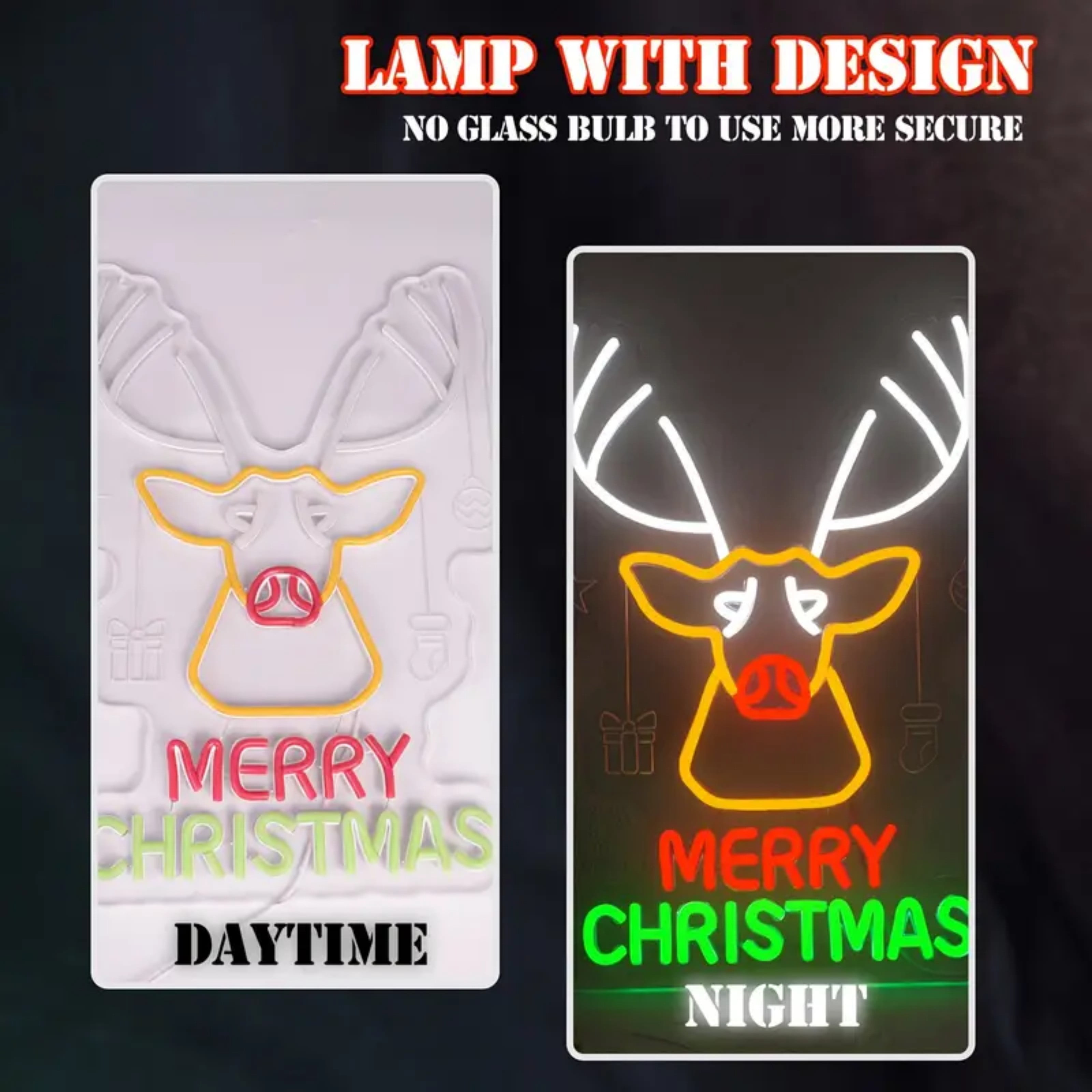 UPONRAY Christmas Reindeer Neon Signs, 17.7"*13" Dimmable & USB-Powered LED Neon Light, Stylish Wall Decor for Christmas Tree, Bed Room, Living Room, Party, Bar